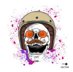 Portrait of a skull in retro motorcyclist helmet. Can be used for printing on T-shirts, flyers, etc. Vector illustration