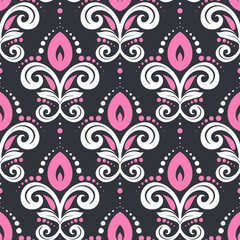 Beautiful black and pink floral seamless pattern. Vintage vector, paisley elements. Traditional,Turkish, Indian motifs. Great for fabric and textile, wallpaper, packaging or any desired idea.