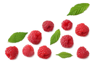 ripe raspberries with green leaf isolated on white background. top view