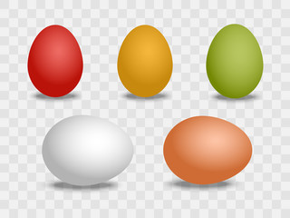 Vector 3d realistic white and brown, and color eggs. Isolated eggs with shadow. Eggs mockup for your Easter poster design. Red, yellow, green mock up objects