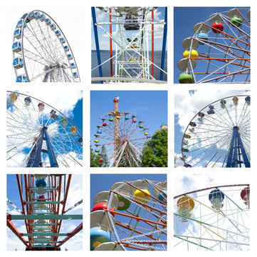 Collage of beautiful different ferris wheels in motion at amusement parks.