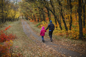 pretty little girl and young father walking in beautiful autumn park