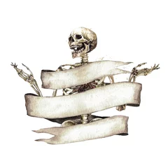 Foto op Canvas Menselijk skelet versierd met vaandel. Aquarel illustratie. © nataliahubbert