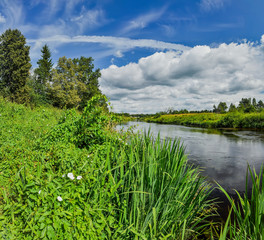 Partly cloudy on a Sunny day on the river Bank.