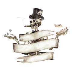 Gordijnen Menselijk skelet versierd met vaandel. Aquarel illustratie. © nataliahubbert