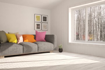 Idea of white minimalist room with sofa. Scandinavian interior design. 3D illustration