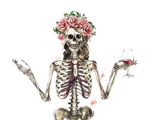 Squelette humain décoré de fleurs. Illustration à l& 39 aquarelle.