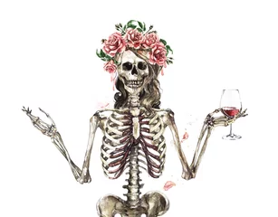 Zelfklevend Fotobehang Menselijk skelet versierd met bloemen. Aquarel illustratie. © nataliahubbert