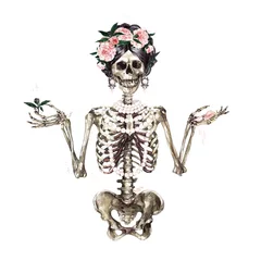 Foto op Canvas Menselijk skelet versierd met bloemen. Aquarel illustratie. © nataliahubbert