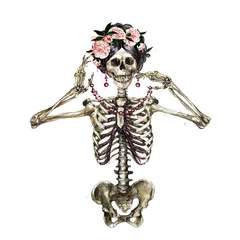 Foto op Plexiglas Menselijk skelet versierd met bloemen. Aquarel illustratie. © nataliahubbert