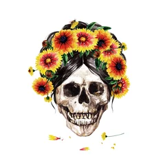 Zelfklevend Fotobehang Menselijke schedel versierd met bloemen. Aquarel illustratie. © nataliahubbert