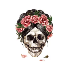Poster Menselijke schedel versierd met bloemen. Aquarel illustratie. © nataliahubbert
