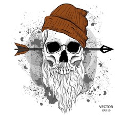 Skull with a beard, arrow, mustache in a brown cap. Vector illustration.