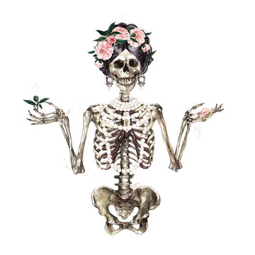Human Skeleton decorated with flowers. Watercolor Illustration.