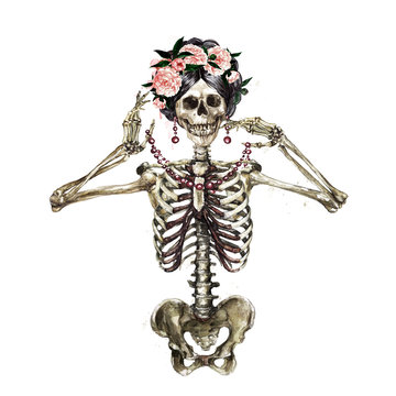 Human Skeleton decorated with flowers. Watercolor Illustration.
