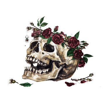 Human Skull decorated with Flowers. Watercolor Illustration.
