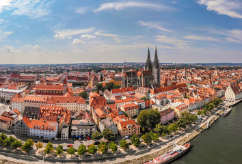 Naklejka na ściany i meble Aerial photography of Regensburg city, Germany. Danube river, architecture, Regensburg Cathedral and Stone Bridge