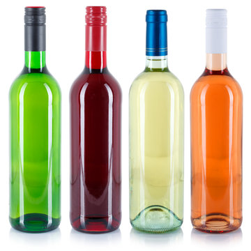 Collection of wine bottle white red rose green alcohol drink isolated