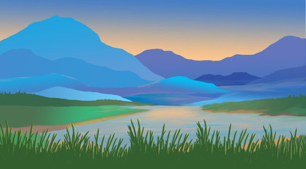 Fototapeta na wymiar colorful sky mountains tranquil lake
