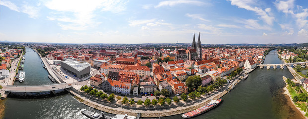 Panoramic landscape with view on Danube river and Regensburg city architecture, Germany, Aerial...