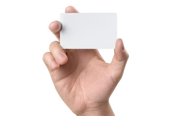 Male hand holding a blank card or a ticket/flyer, isolated on white background