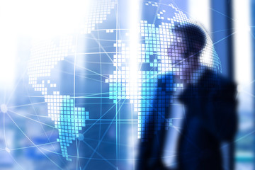 Obraz premium 3D Earth hologram on blurred background.Global business and communication concept.