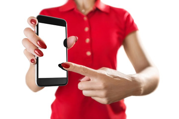 A young woman holding iphone and touching its screen, isolated on white background