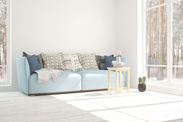 White room with sofa and winter landscape in window. Scandinavian interior design. 3D illustration