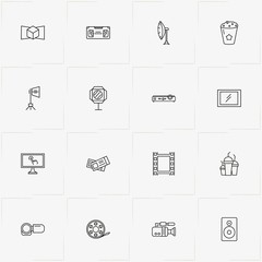 Cinema line icon set with video camera, video cassette  and camera film