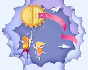 Back to school 1 september card with kids and sun on blue sky background. Vector illustration. Paper cut and craft style.