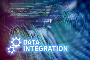 Data integration information technology concept on server room background.