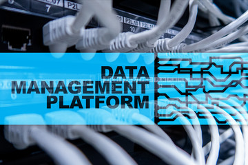 Data management and analysis platform concept on server room background.
