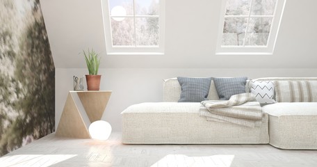Obraz premium Idea of white minimalist room with sofa. Scandinavian interior design. 3D illustration