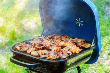 Grilled kebab cooking on metal skewer. Roasted meat cooked at barbecue.
