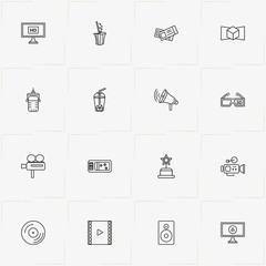 Cinema line icon set with video camera, loudspeaker and cinema ticket