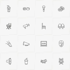 Cinema line icon set with cinema spectacles, producer chair and television