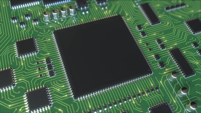 Electric signals on green PCB or printed circuit board. Computer technology related conceptual animation