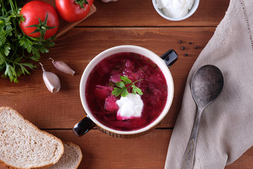 Traditional Ukrainian Russian borsch with sour cream