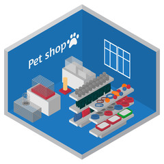 Isometric Pet shop interior. Cats and dogs grooming, playing and feeding Equipment. Veterinary store isometry