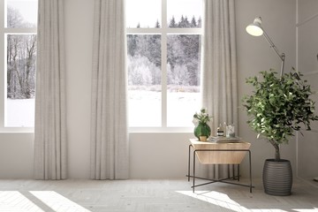 White empty room with winter landscape in window. Scandinavian interior design. 3D illustration