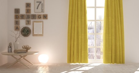 White empty room with table and winter landscape in window. Scandinavian interior design. 3D illustration