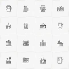 City Building line icon set with building, church  and hospital