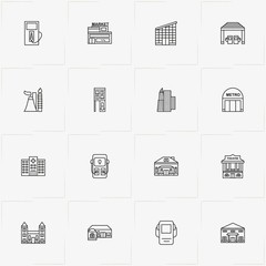 City Building line icon set with hospital , skyscraper and petrol station