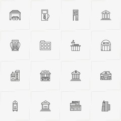 City Building line icon set with building, bank and market