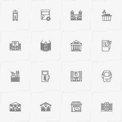 City Building line icon set with church , airport building  and bank