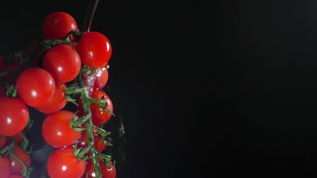 Cherry tomatoes and pouring water for washing on a black background with copy space