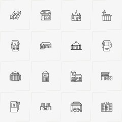 City Building line icon set with church , bank and museum