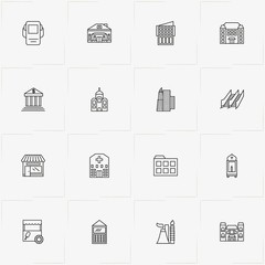 City Building line icon set with church , stall and skyscraper