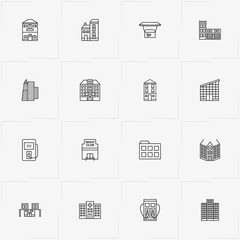 City Building line icon set with hospital , petrol station  and stall