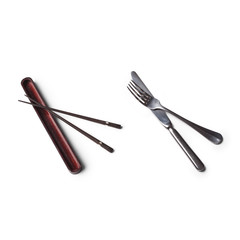Chopsticks, a fork and a knife, view from above, isolated on white background